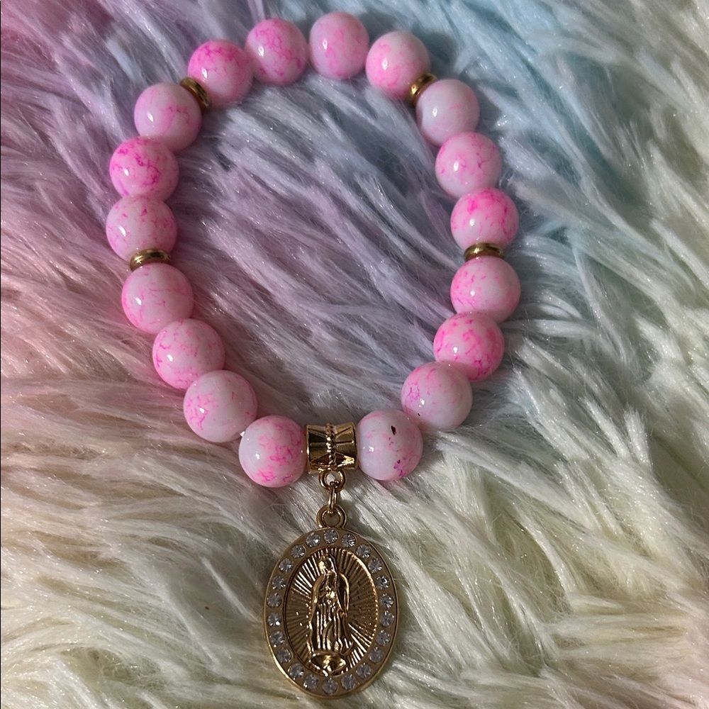 Pink and Gold Beaded Bracelet with Pendant - Picture 1 of 2